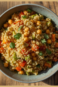 Cous cous de espelta con verduras, garbanzos y pasas